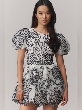 $298 Maeve Embroidered Puff Sleeve Mini Dress Floral Sheer Black Cream Size 12